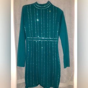 Say What Emerald Rhinestoned Mini Dress Longsleeve